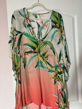 Trina Turk Green Pink Coral Tropical Print Swim Coverup